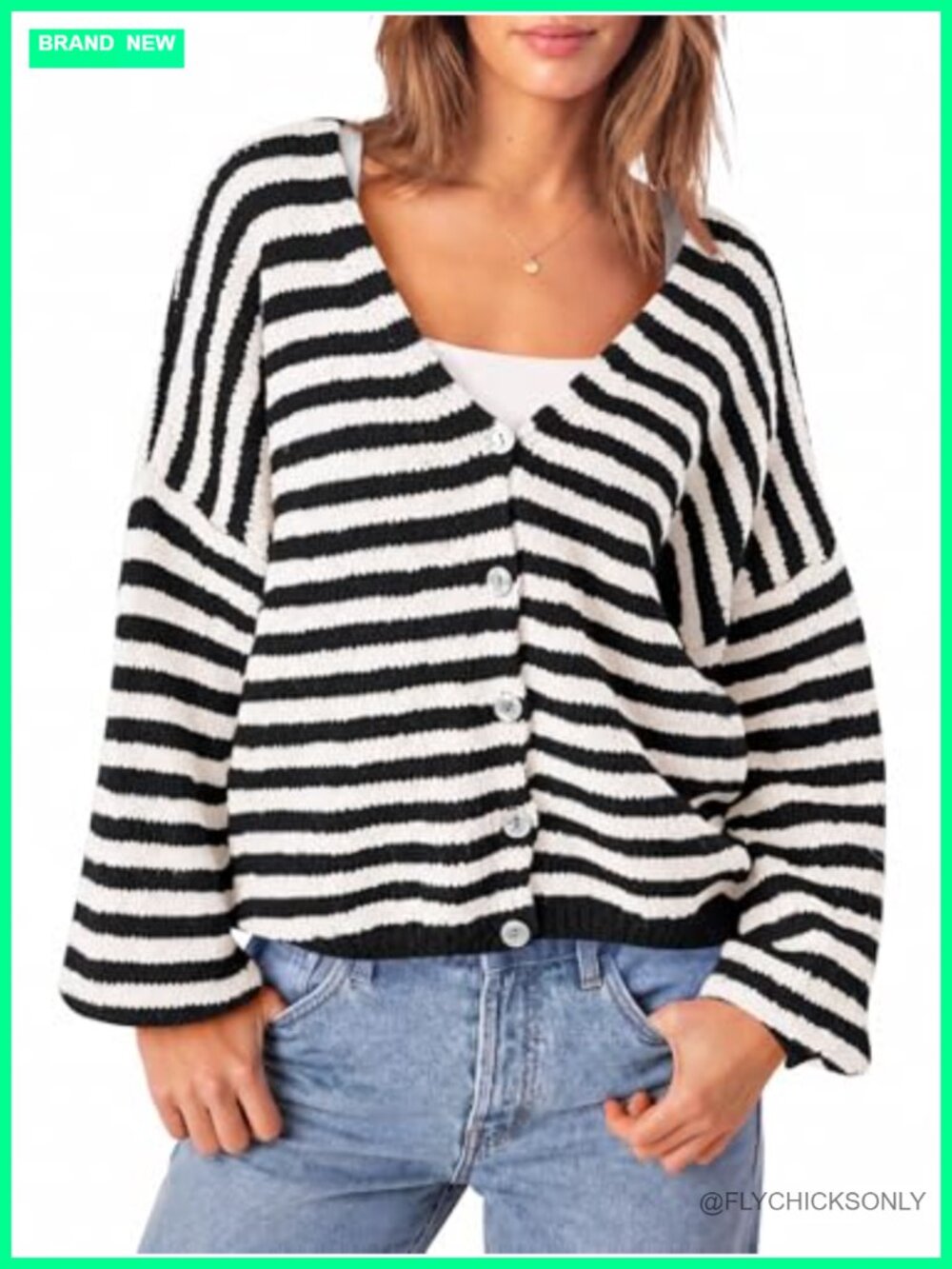 Womens Oversized Striped Cardigan V Neck Button Down Knit Sweater Fall Trendy